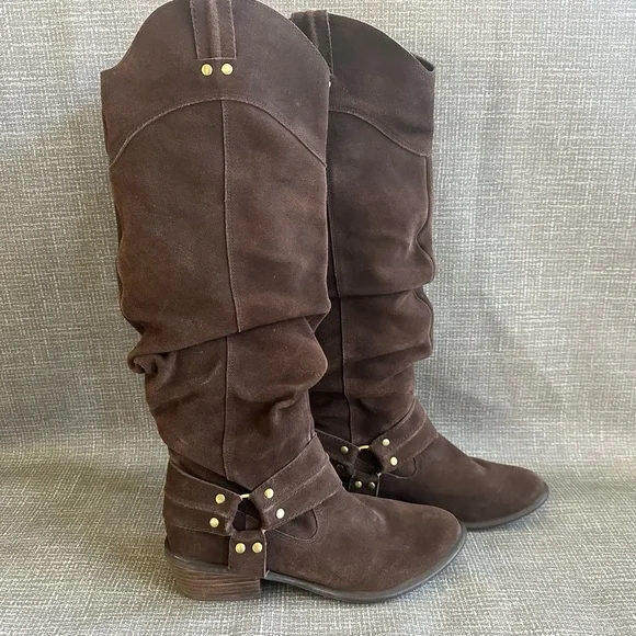 Restricted crunched Brown Suede Cowboy Knee-High Boots size - Picture 1 of 16